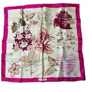 Salvatore Ferragamo Silk Scarf Tiger Butterfly Floral Fuchsia Pink Ivory 18.5"